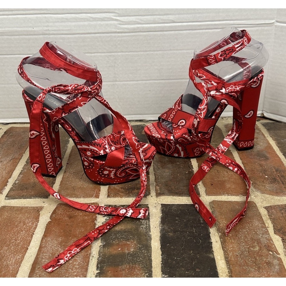 Red & White Bandana Wrap Up Platform Sandals Heels Paisley Ankle Ribbons Wms 6.5